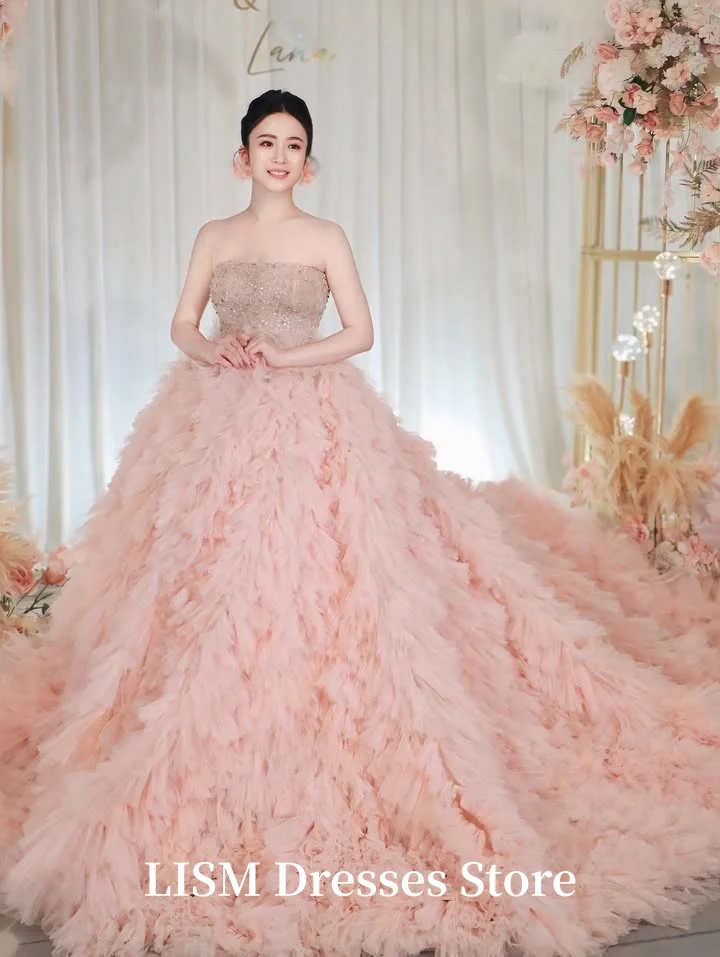 LISM Pink Strapless Beads A-Line Fairy Korea Evening Dress Customize Silk Tulle Prom Dress Photo Shoot Corsets Back 저녁 드레스