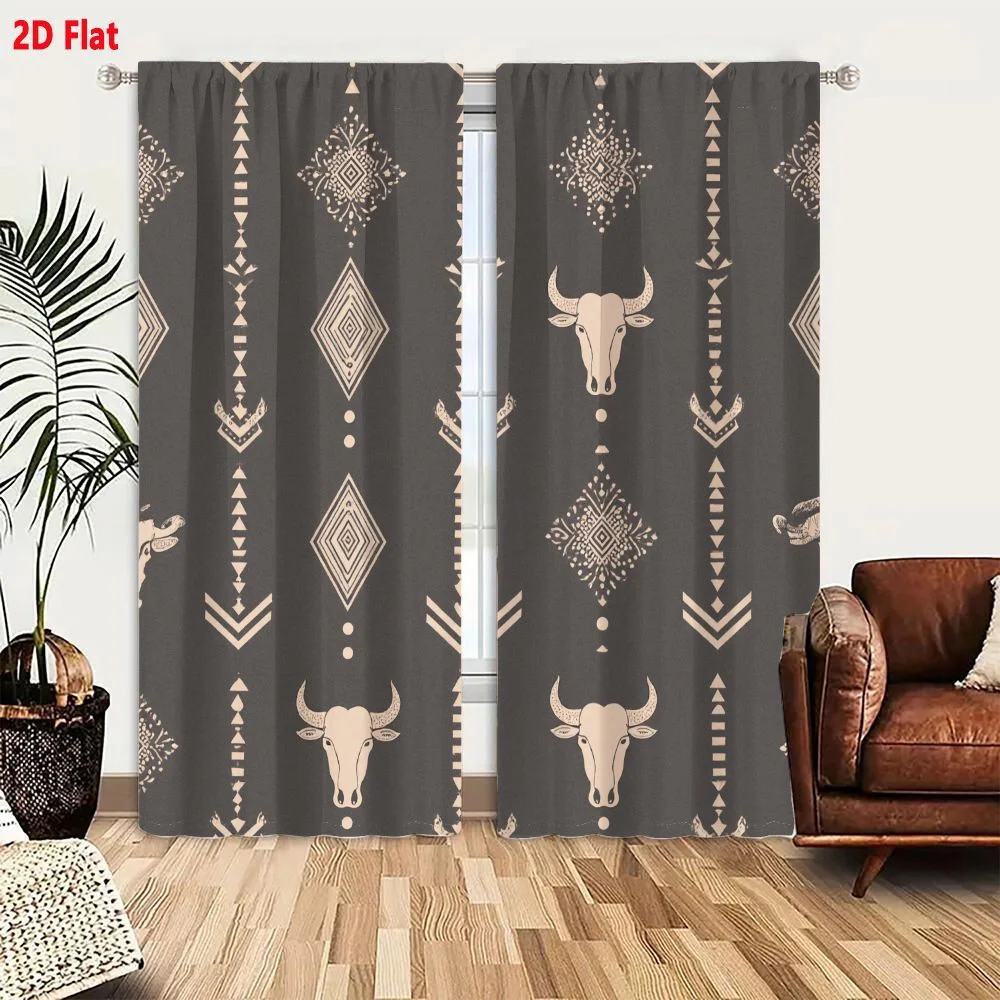 2Pcs Curtains 2D Flat Southwestern Tribal Art Pattern On Dark Gray Background With Light Beige Geometric Shapes Diamond Motifs B