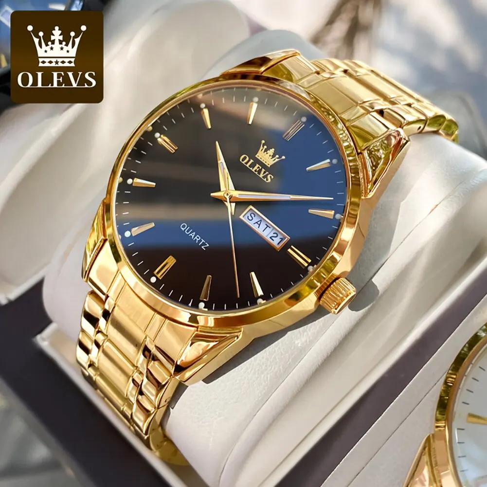 OLEVS Classic Gold Wrist Watches For Top Brand Luxury Business Date Waterproof Luminous Stainless Steel Men Quartz Wristwatch