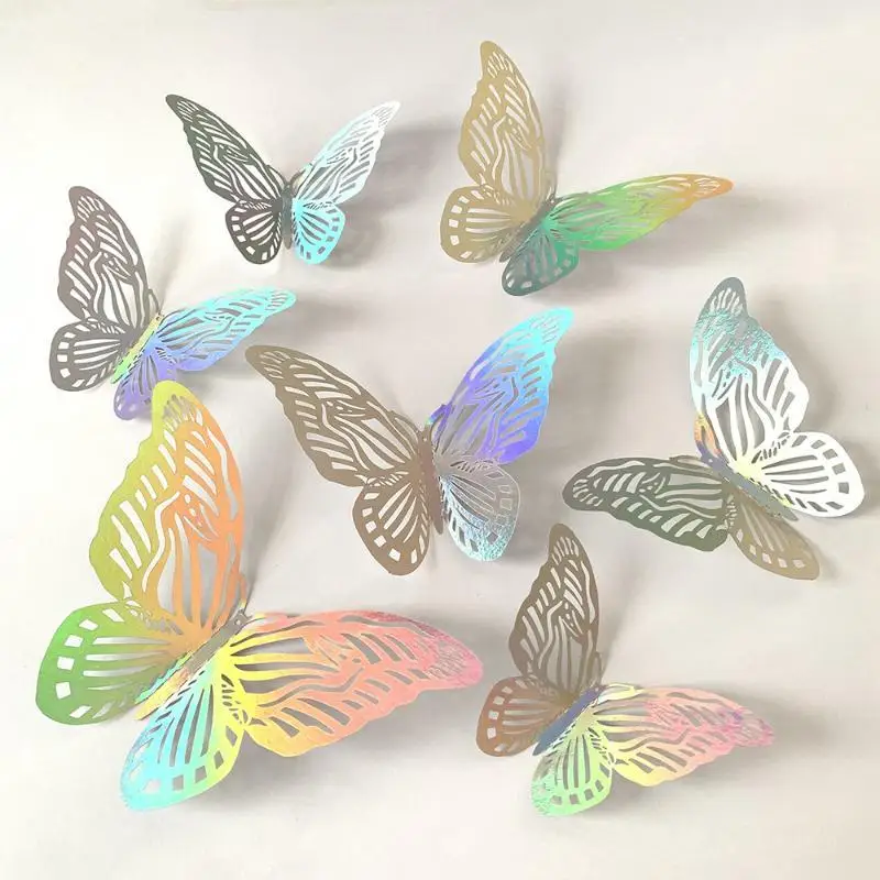 12Pcs Holographic 3D Butterfly Wall Decal Hollow Carved Iridescent Shine Home Kids Room Wedding Party