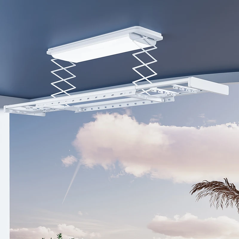 Smart Home Aluminum Electric Ceiling Mounted Foldable Clothes Rack LED Lighting Use Balcony Hanging Clothes