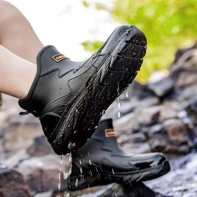 Men's Spring Autumn New Flat Sole Ankle Rain Boots Soft sole Round Toe High Top Slip On Waterproof Kitchen Work Shoe Garden Shoe