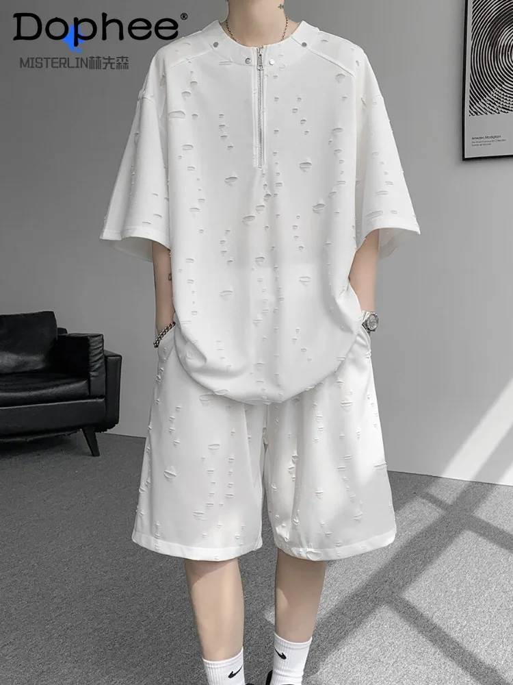 

American Retro Distressed Breathable Casual Comfortable Set Fashion Trendy Men's Loose Handsome Youth Popular Two-Piece Set