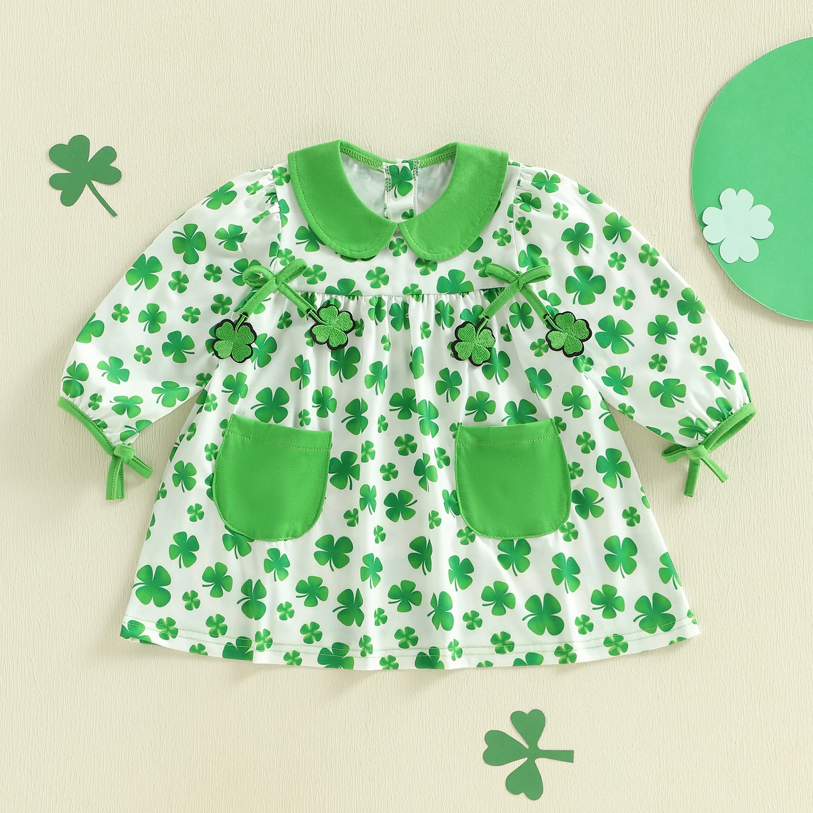 

Cute Baby Girls Dress with Ruffle Sleeves and Floral Print Bow Detail Round Neckline A-Line Dress for Toddlers