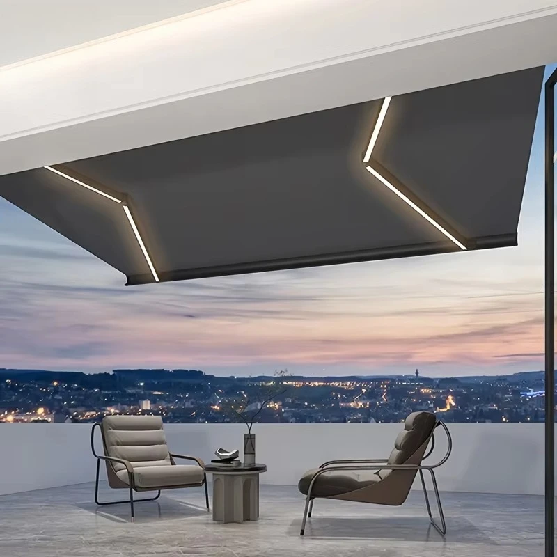 Outdoor Shop Telescopic Folding Arm Electric Remote Control Waterproof Anti-UV PU Coated Aluminum Alloy Awning