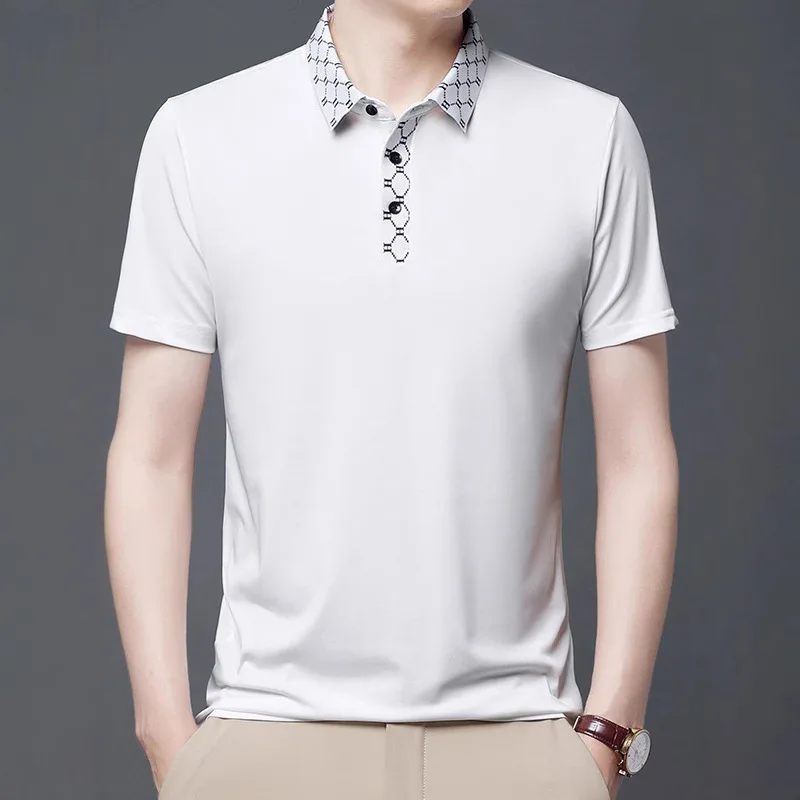 

Summer Hot Selling Ice Silk Luxury Solid Color Half Sleeved T-shirt for Business and Casual Men's High-end Lapel Polo Shirt