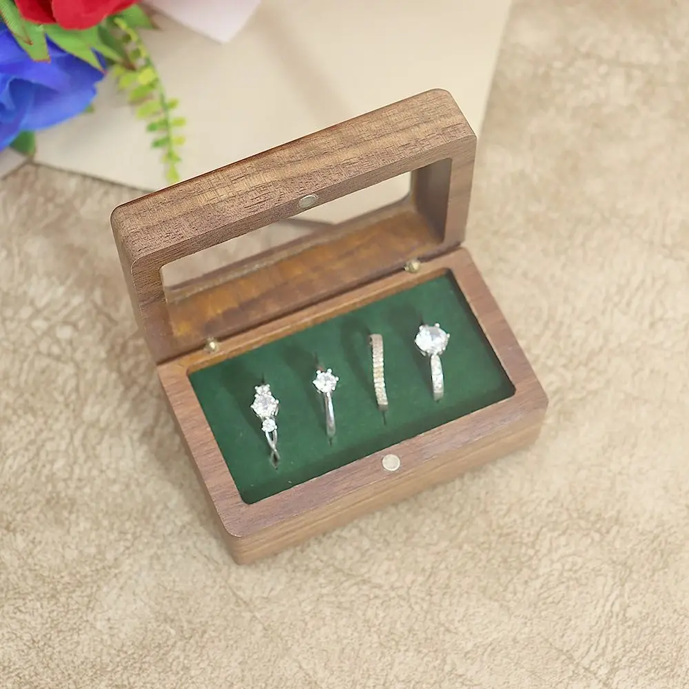 

4 Slots Square Rings Holder Opening Window Rectangular Jewelry Ring Holder Exquisite Wooden Ring Box Rings Bearer Box