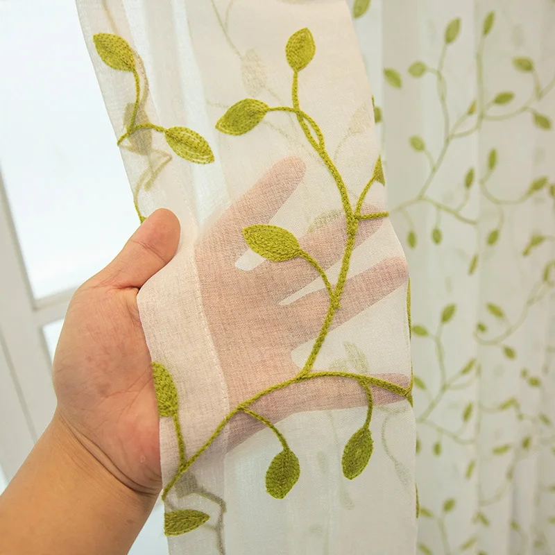 

1 Pcs Pastoral Style Green Leaf Embroidery Sheer Curtain For Kitchen Balcony Linen Voile Window Partition Door Drape