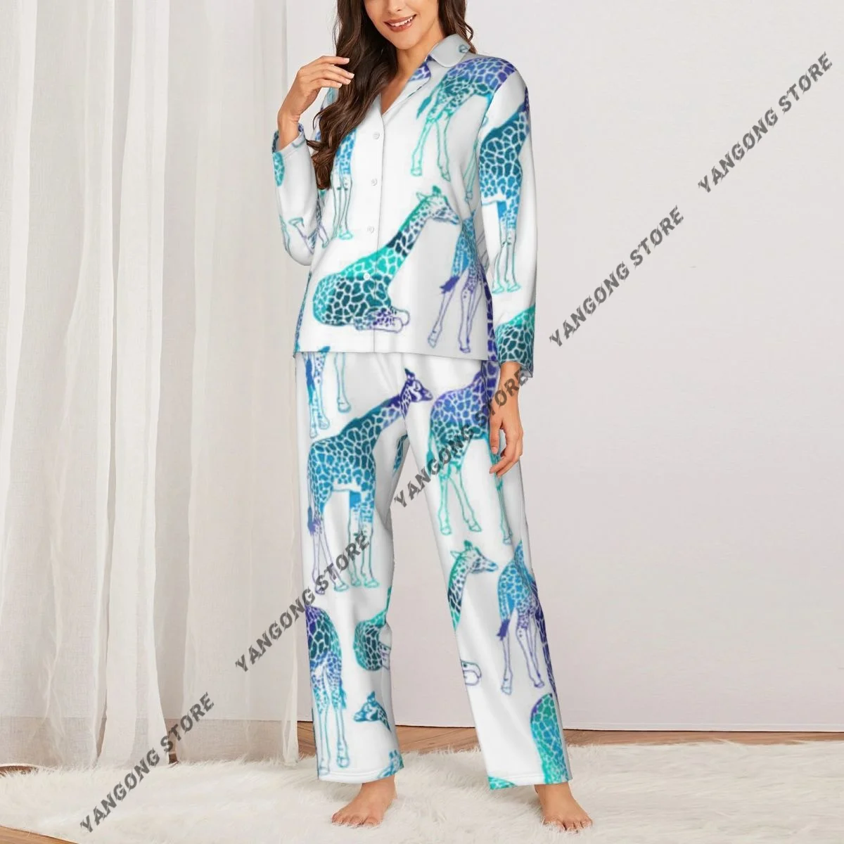 Spring and Autumn Long Sleeve Pants Pajamas Loungewear Set Giraffe Sitting Eating Walking Women's Pull Edge Loose Sleeping Suit