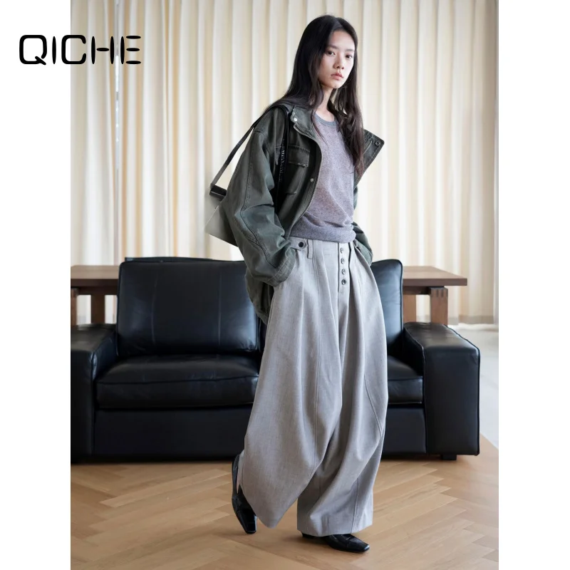 QICHE 2026 Women INS Trendy High Waist Pleated Curved Wide Leg Trousers Button Design Dress Pants Autumn