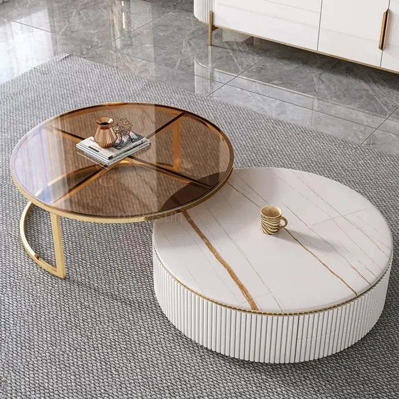 Italian Tempered Glass Round Coffee Table Combination Set Of Two Pieces Living Room Long Tv Cabinet 2m For Large Villa High-End