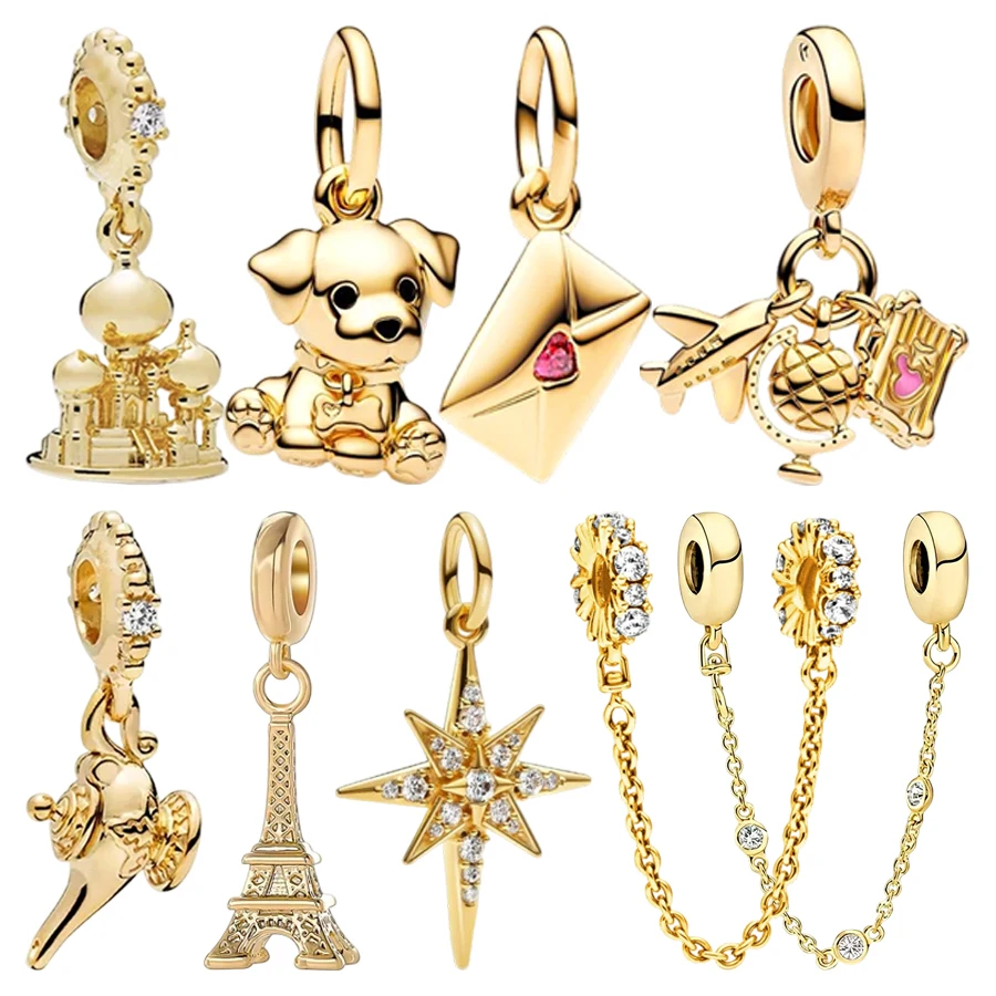 

Блестящие золотистые бусины-шармы в виде щенка лабрадора, самолета и любовного письма, подходят для оригинальных браслетов-змей, для самостоятельного изготовления украшений, подарки