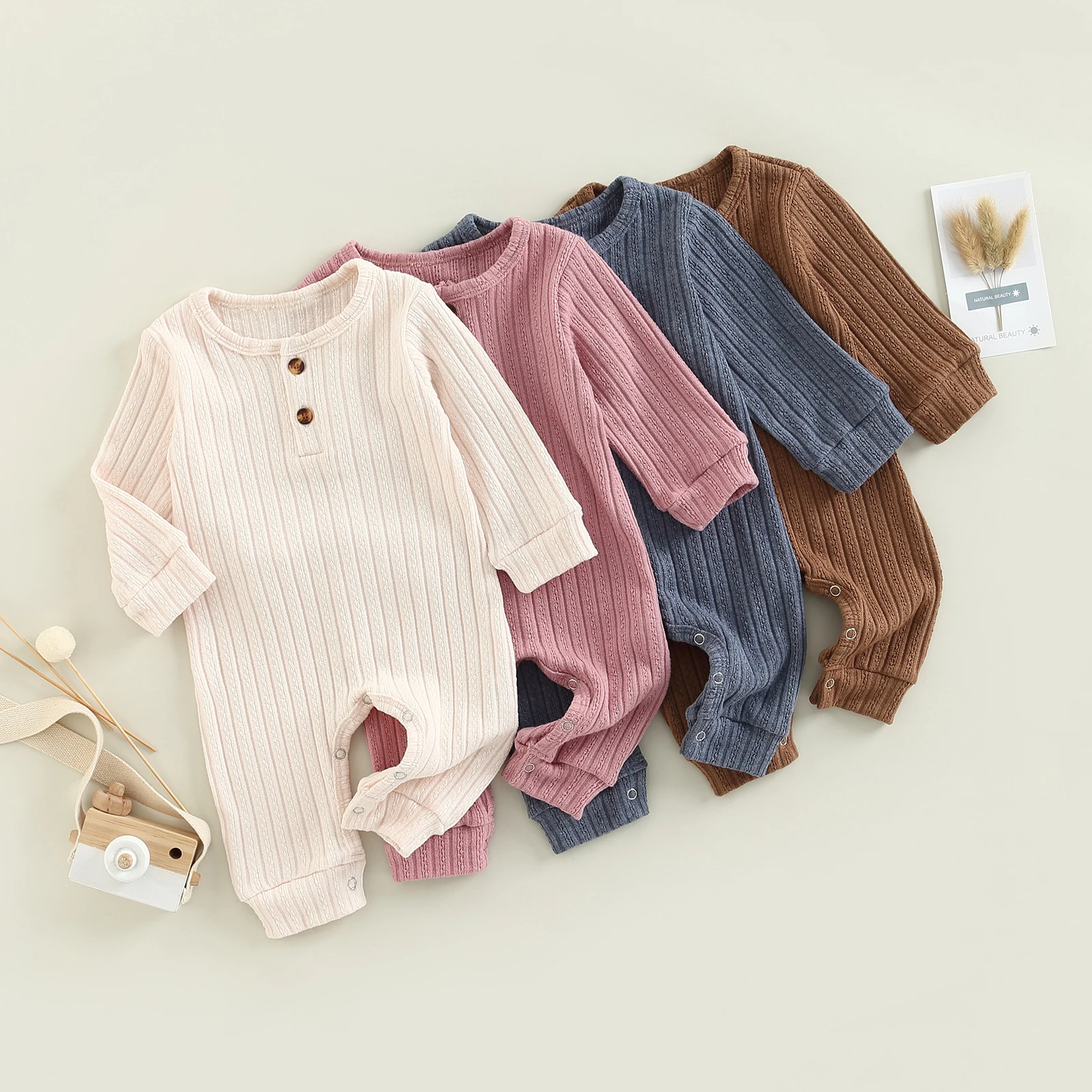 2022-08-16 Lioraitiin 0-18M Newborn Infant Baby Girl Boy Autumn Romper Long Sleeve Solid O-Neck Jumpsuit 4Colors