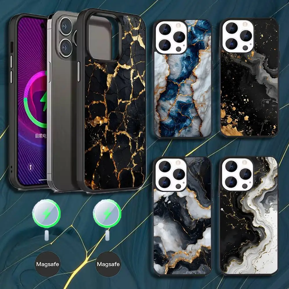 

B-Black Gold Marble Art Phone Case For iPhone 17,16,15,14,13,12,11,Pro,Max,Plus,Mini,Magsafe,Magnetic Wireless Charging Case