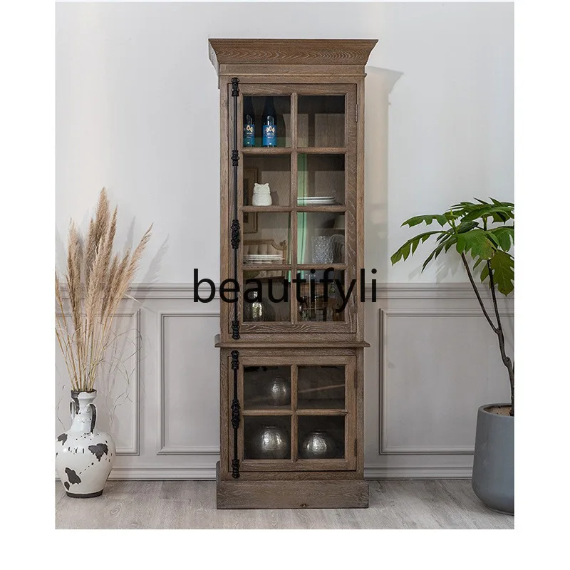 

American Retro White Oak Solid Wood Up and Down Wine Cabinet Living Room Vintage Display Storage Cabinet