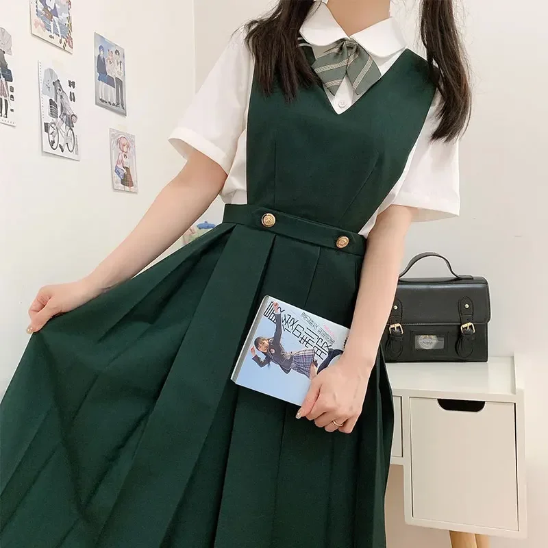 ชุดเดรสมีสายรัดโลลิต้าแบบญี่ปุ่นชุดเดรสแขนกุดเด็กผู้หญิงอัดจีบชุดเครื่องแบบนักเรียนมัธยมปลายสีแดง JK