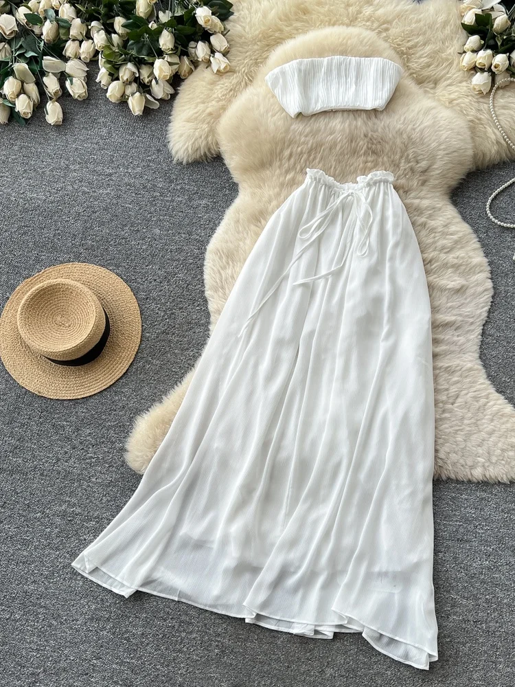 

Summer Vacation Style Strapless Top And White Half Skirt Set Women's Fashion Slimming Fairy Tale Outfit High Waist Short Length
