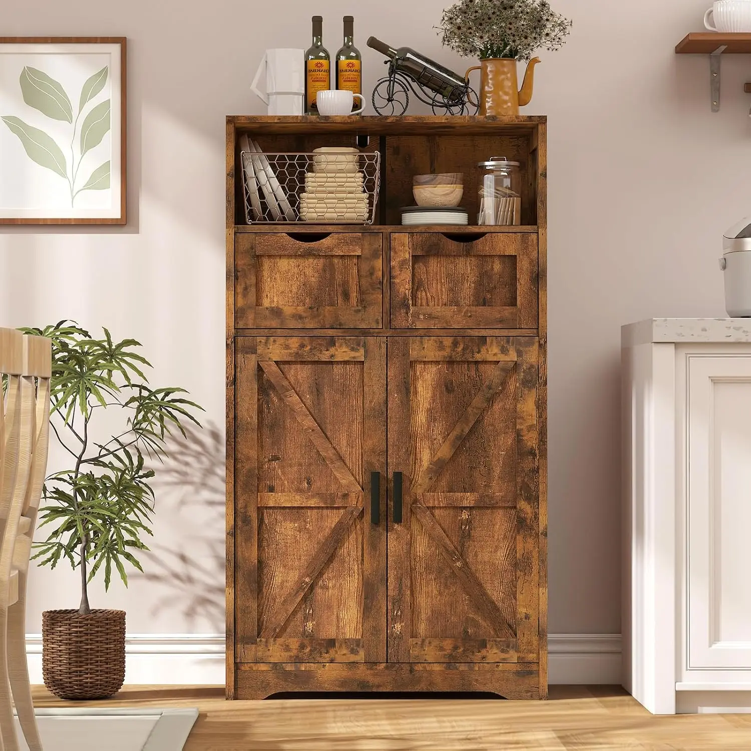 

Storage Cabinet with 2 Adjustable Drawers & 2 Barn Doors, Floor Cabinet, Freestanding Cupboard with Adjustable Shelf