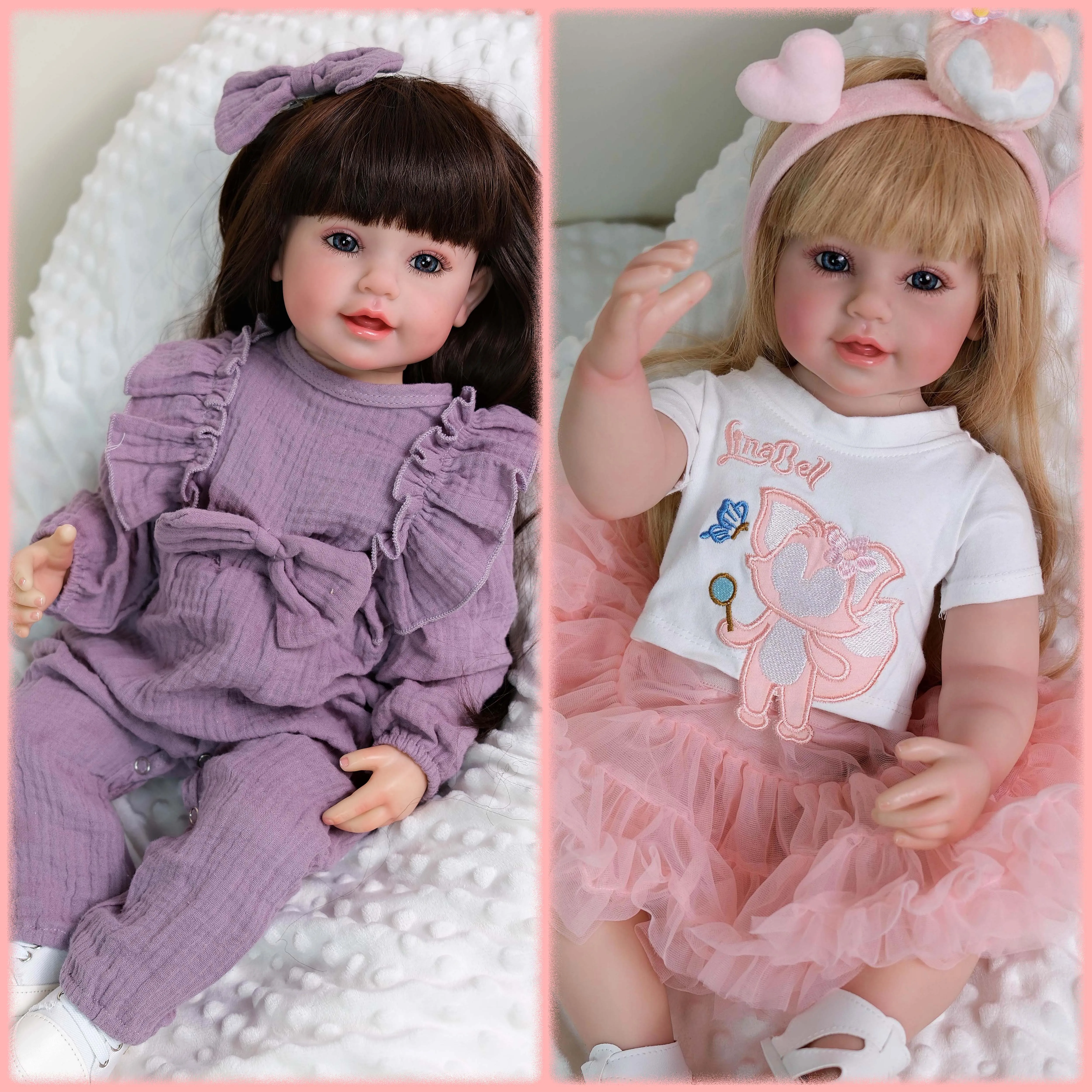 웃는 다시 태어난 아기 소녀 인형 22인치 풀 바디 비닐 긴 머리 공주 실물 같은 다층 페인팅 3D 피부 어린이 선물