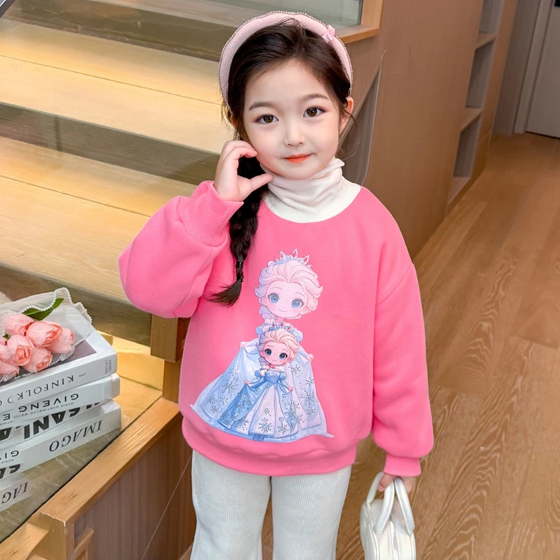 

Girls' Cartoon Fleece Sweatshirt Children's Fashion Printed High Neck Velvet Tops Autumn Winter Long Sleeved Warm Base Pullovers