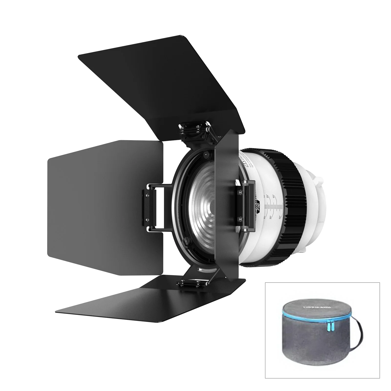 Fresnel-lens voor Bowens-bevestiging 10 ° - 45 °   Optische focus, 10 keer helderder, met afneembare 4-bladige lichtschermen voor studiocontinu licht.
