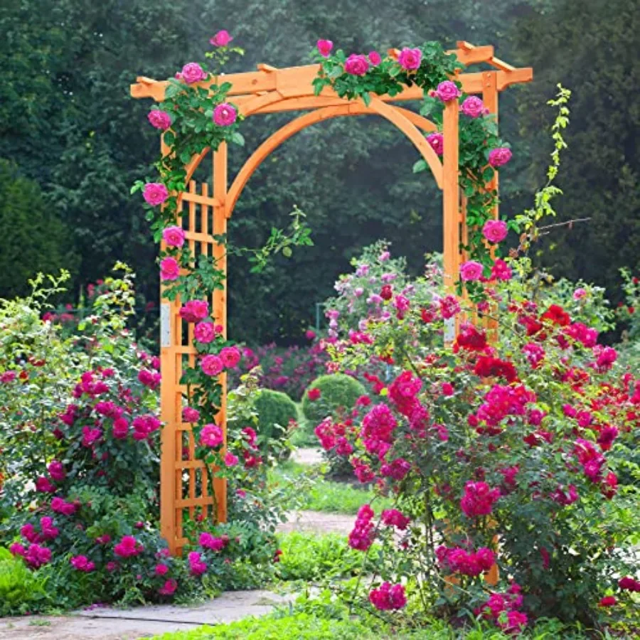 Outdoor wooden garden arch arbor trellis for backyard patio use, natural wood color, weather-resistant finish, easy assembly an