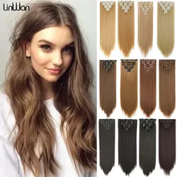 Synthetisches Haar, 55,9 cm lang, glattes Haar, 7 Stück/Set, 16 Clips, blond, braun, synthetisches Haarteil, Clip-in-Haarverlängerungen