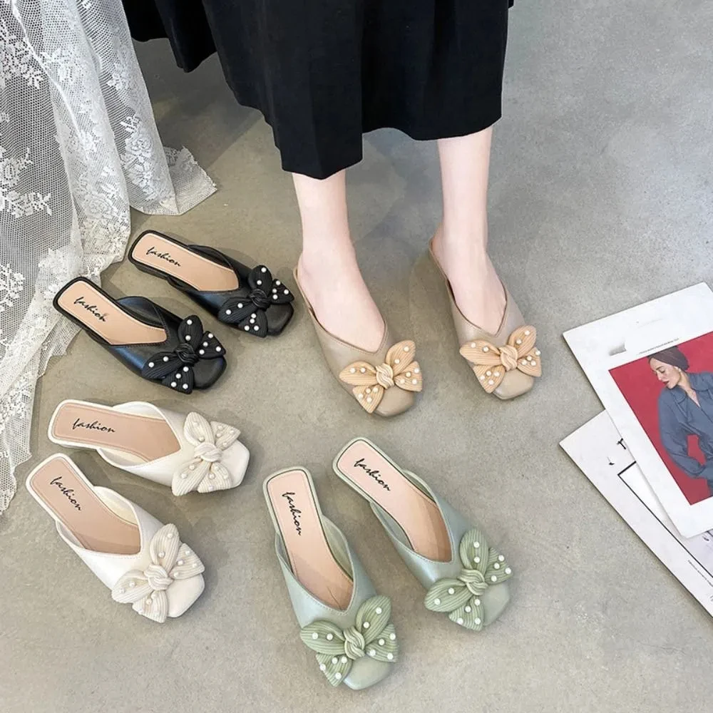 

Casual Anti Slip Leather Slippers Women Round Toe Shoes Slides Sandals Soft Soled Sweet Bowknot Flat Slippers Ladies