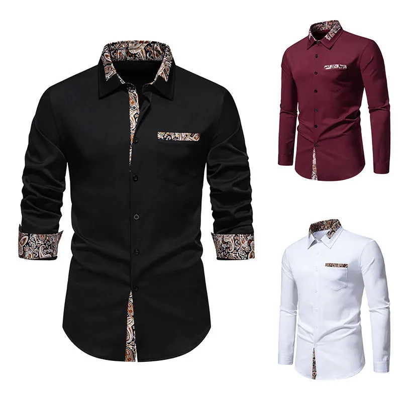 

Summer Thin Dark Trendy Youth Floral Flip-Over Long Sleeve Shirt No Ironing Anti-Wrinkle Large Size Social Person Shirt