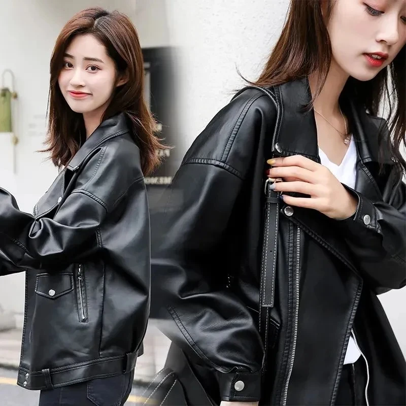 Women Autumn Pu Faux Soft Leather Motorcycle Zipper Jacket Coat Female Turndown Collar Slim Biker Coats Basic Streetwear