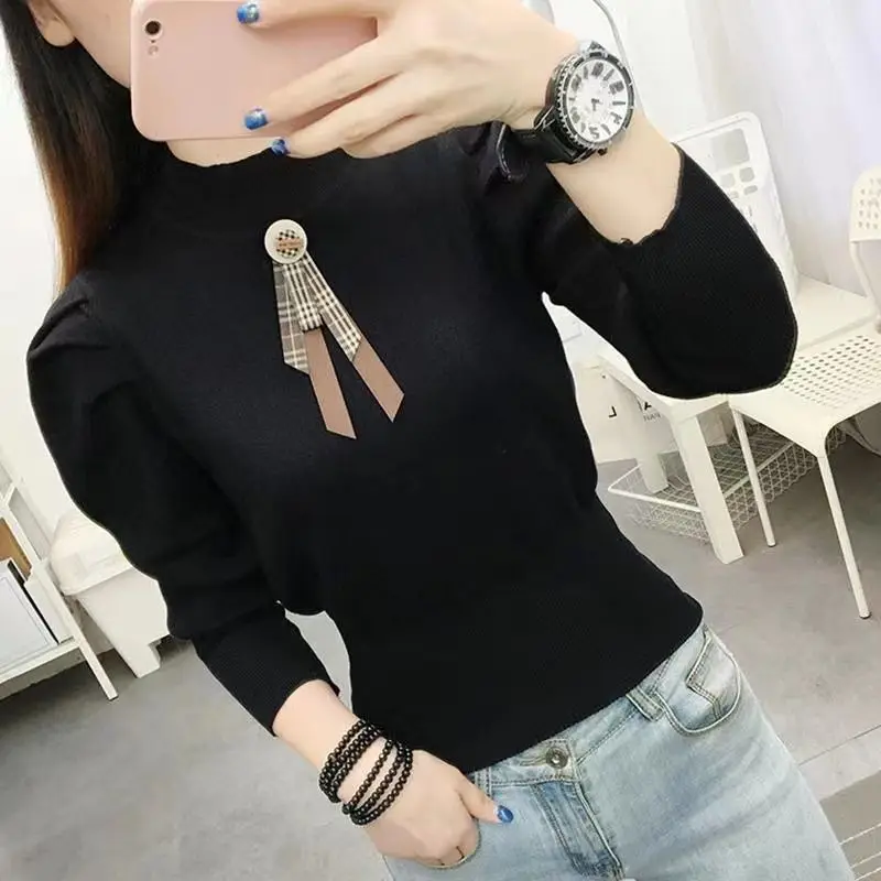 Sweet Stand Collar Spliced Bow Puff Sleeve Sweaters Female Clothing 2024 Spring New Loose Knitted Korean Pullovers Casual Tops