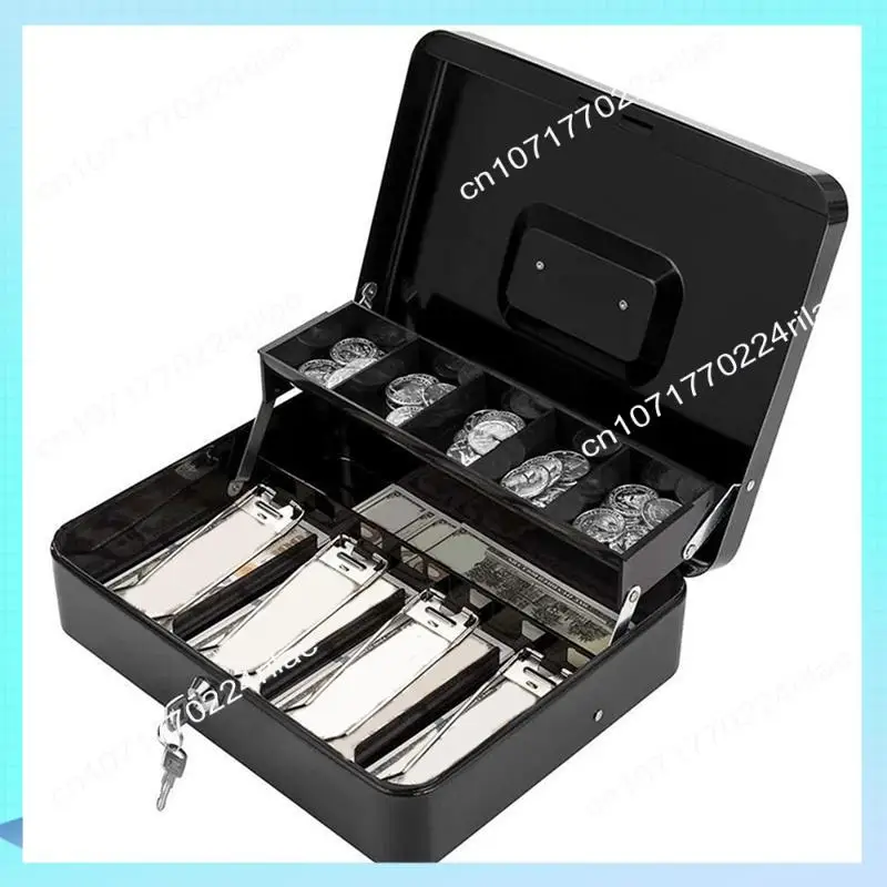 A17Z Cash Box Metal Cash Box With Tray And Key Lock, Tiered Locking Cash Box, Durable Lock Safe With 4 Bills, 5 Coin Slots