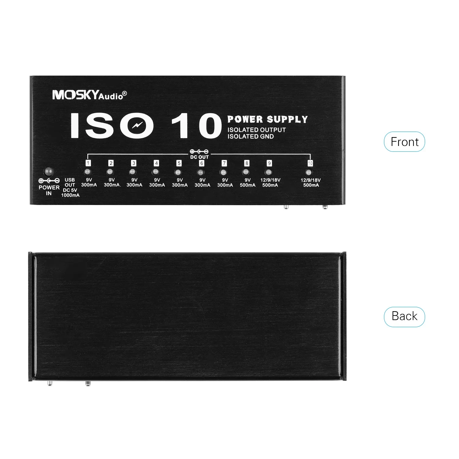 MOSKY ISO-10 Guitar Effect Pedal Power Supply 10 Isolated DC Outputs/ 5V USB Output for 9V 12V 18V Protection Guitar Accessories