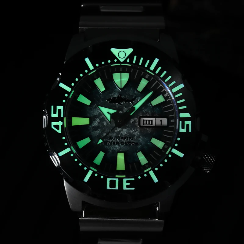 Heimdallr Sharkey Monster PVD V2 Men Watch Coated Case Frosted Dial NH36 Automatic Mechanical C3 Luminous Dive Wristwatch