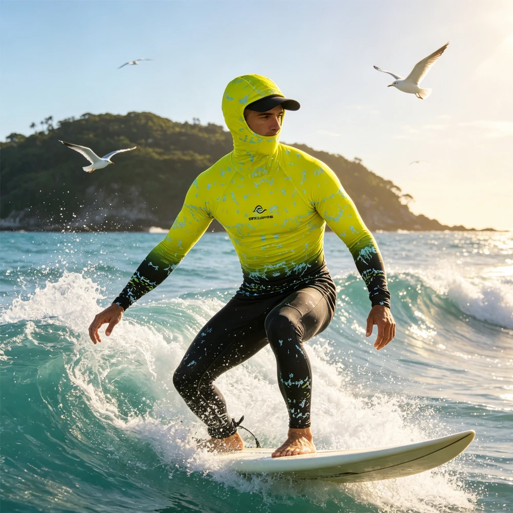 

Men Long Sleeve Hooded Rash Guard Cruise Shirt Sailing Top Wear Surfing Clothing for Water Beach Sport Water Sports Swimming
