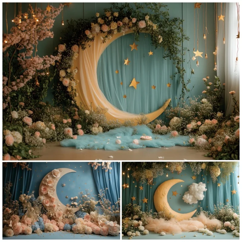 

Baby Shower Portrait Photographic Backdrops Photography Dreamy Moon Flowers Birthday Party Decor Background Photo Studio Props