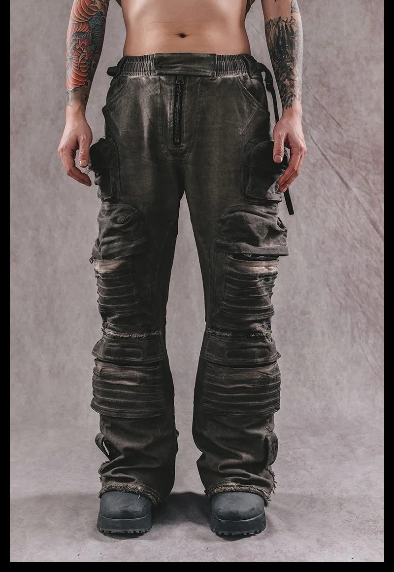 DRKLEI-24AW Heavy Craft Dimensional Patch Pocket Laminated Old Washing Craft Wide Leg Big Horn Waste Soil Wind Men's Overalls