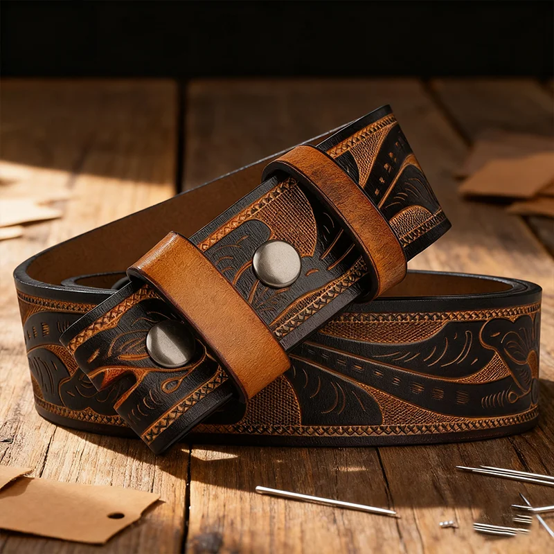 Męski zestaw prezentowy: pasek ze skóry bydlęcej drugiej warstwy bez klamry, kompatybilny z klamrami na szpilkę, czarno-brązowy z nadrukowanym wzorem, do jeansów.