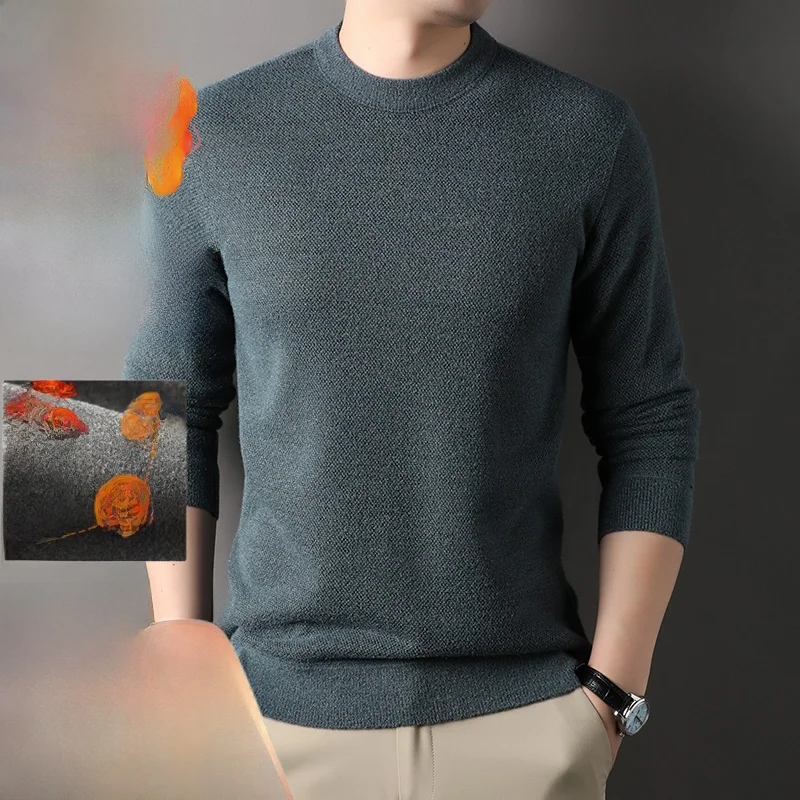 

Thiened Fce Lapin Knitted Sweater round Ne Casual All-Match Warm Base irt for Men Winter Leisure Pure Color Knitwear