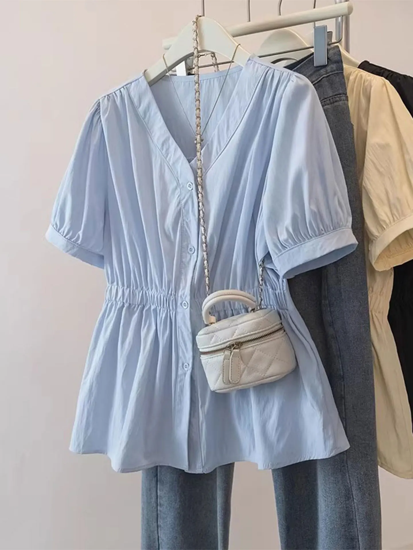 

Blue V-Ne ort Sve irt Women's Casual Sle Slim Fit Bustle Design Summer Faion plus Size Top Casual Wind Sle