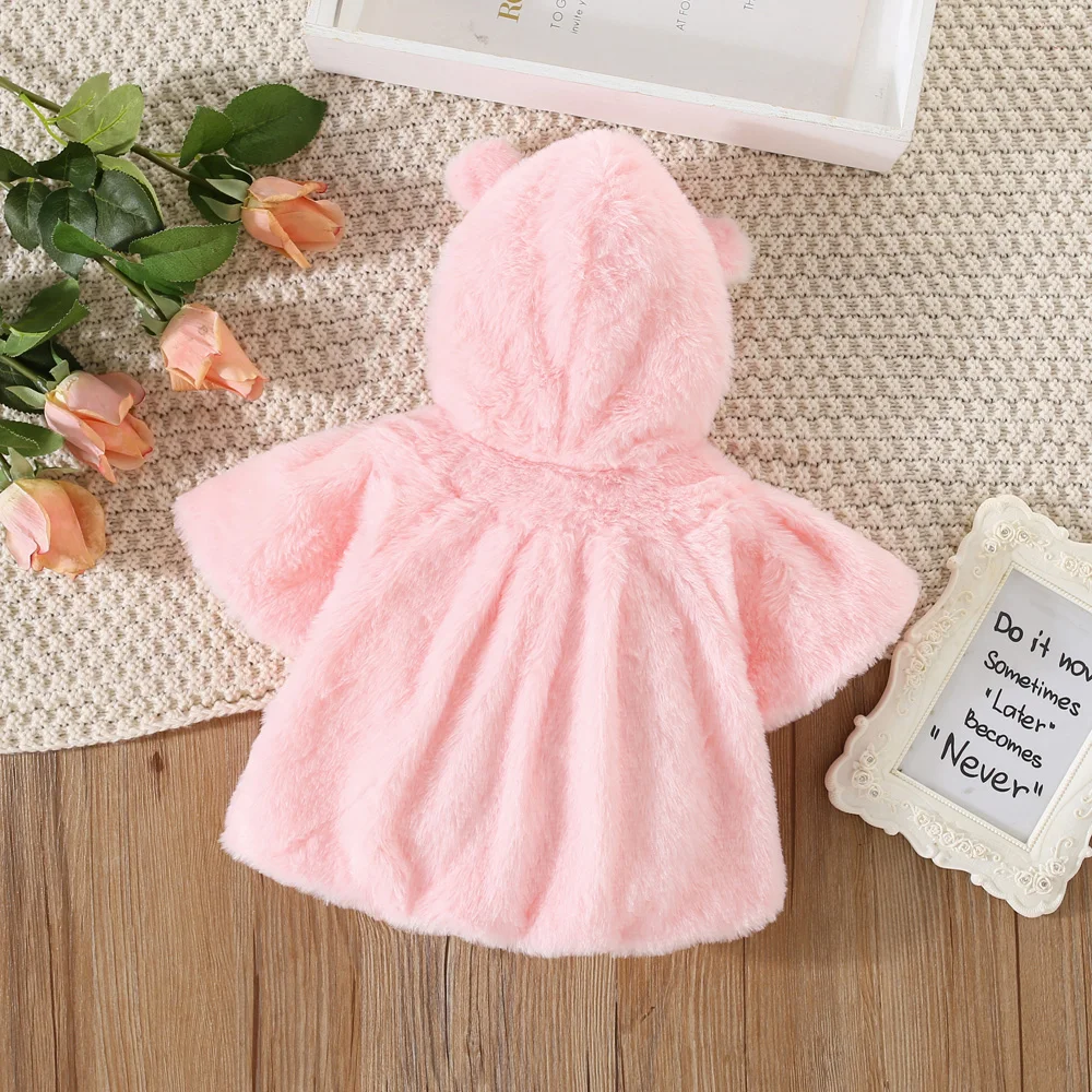 New Winter Girls\' Coat Furry Top Shawl Hairball Bow Solid Color Hooded Bear Ears Winter Girls Sweet Warm Fleece Coat