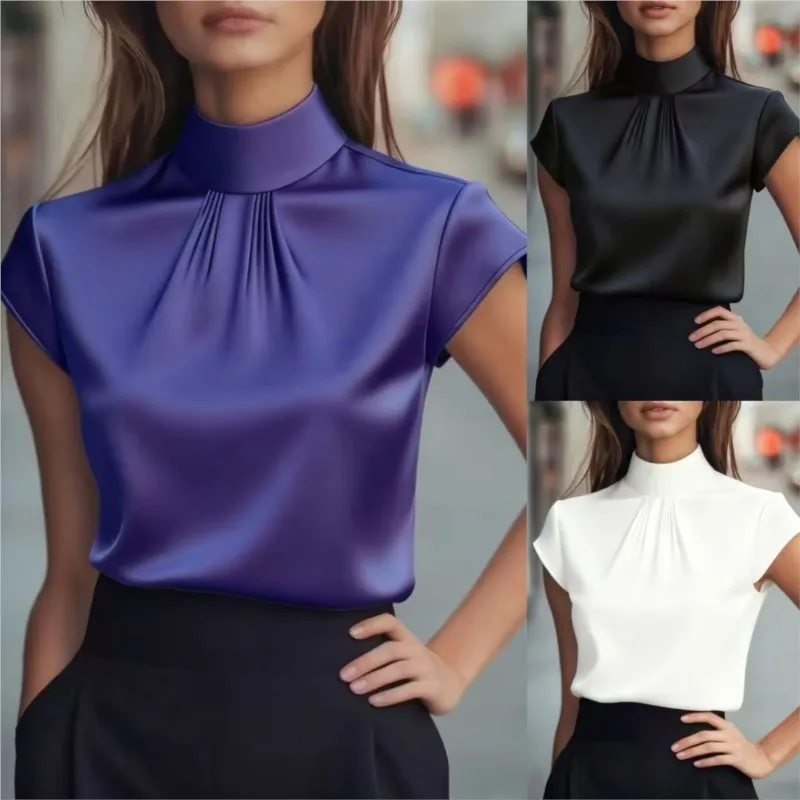 Spring Women's Fashion Solid Color Blouses Tops New Summer O-neck Short Sleeve Loose Blouse Elegant Office Lady Work Shirt Top - view 5