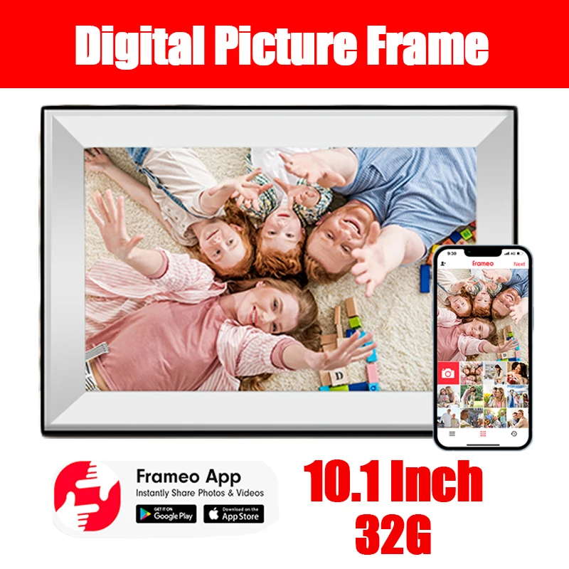 Digital Photo Frame WiFi, álbum de imagem eletrônico inteligente, toque Frame presente, 32GB, 10,1