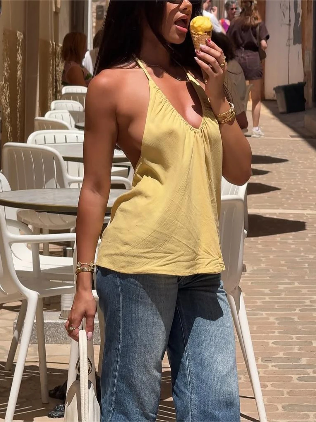 Backless Halter Neck Spaghetti Straps Outfit Sexy Curves Summer Outings Eye-Catching Pure Lusty Style Women's Fashion Top