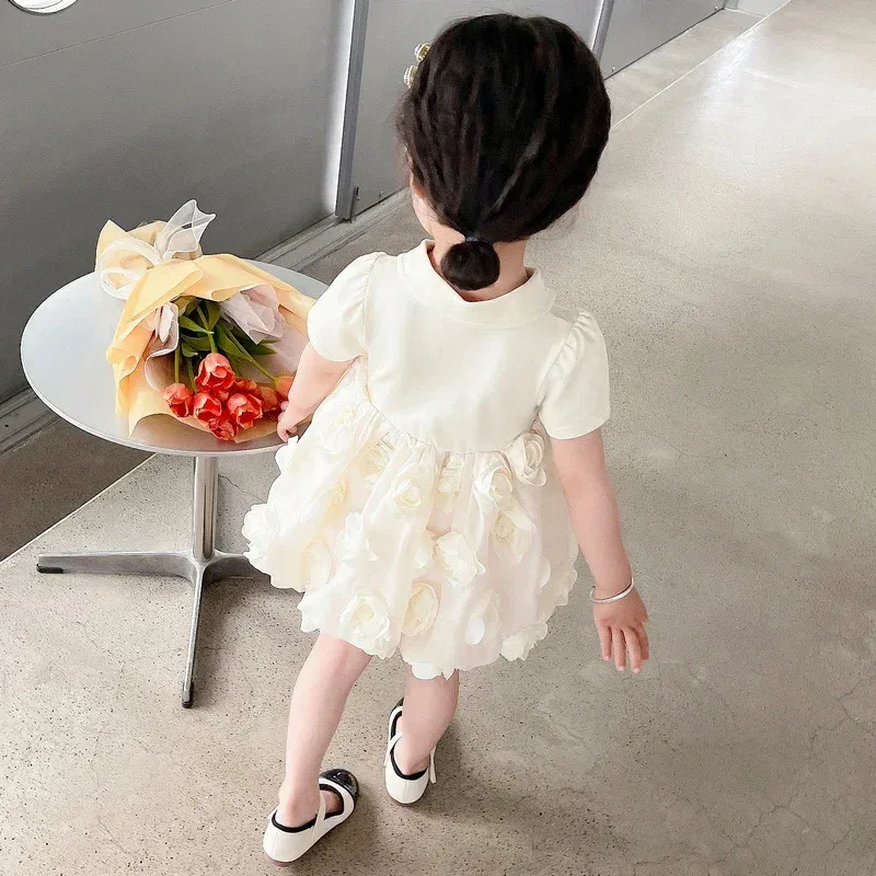 Verão bebê meninas vestido tridimensional floral vestido de princesa crianças roupas diárias praia férias crianças roupas 2-8 anos