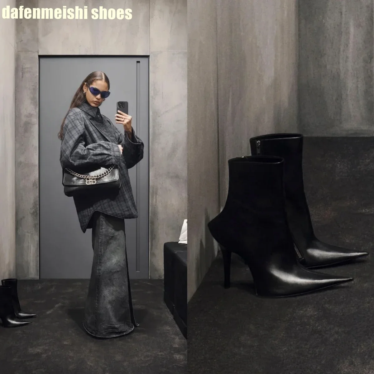 2025 New Style Stiletto Pointed Toe Side Zipper Short Boots Black Leather Large Size Motorcycle Boots Winter Fashion Boots