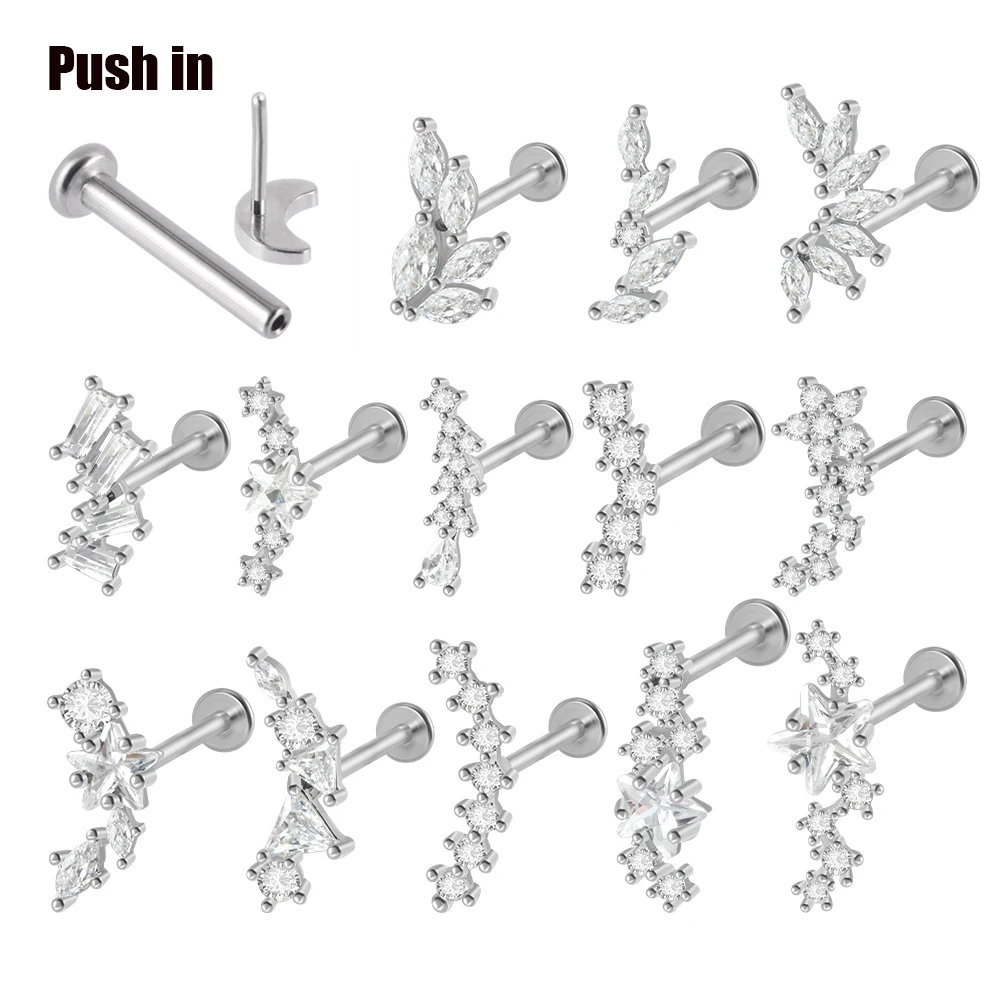 Pendiente de empuje sin rosca de acero inoxidable, anillo de labio Labret CZ, cartílago de la oreja, Tragus, hélice, joyería Piercing fácil de usar, 1 ud.