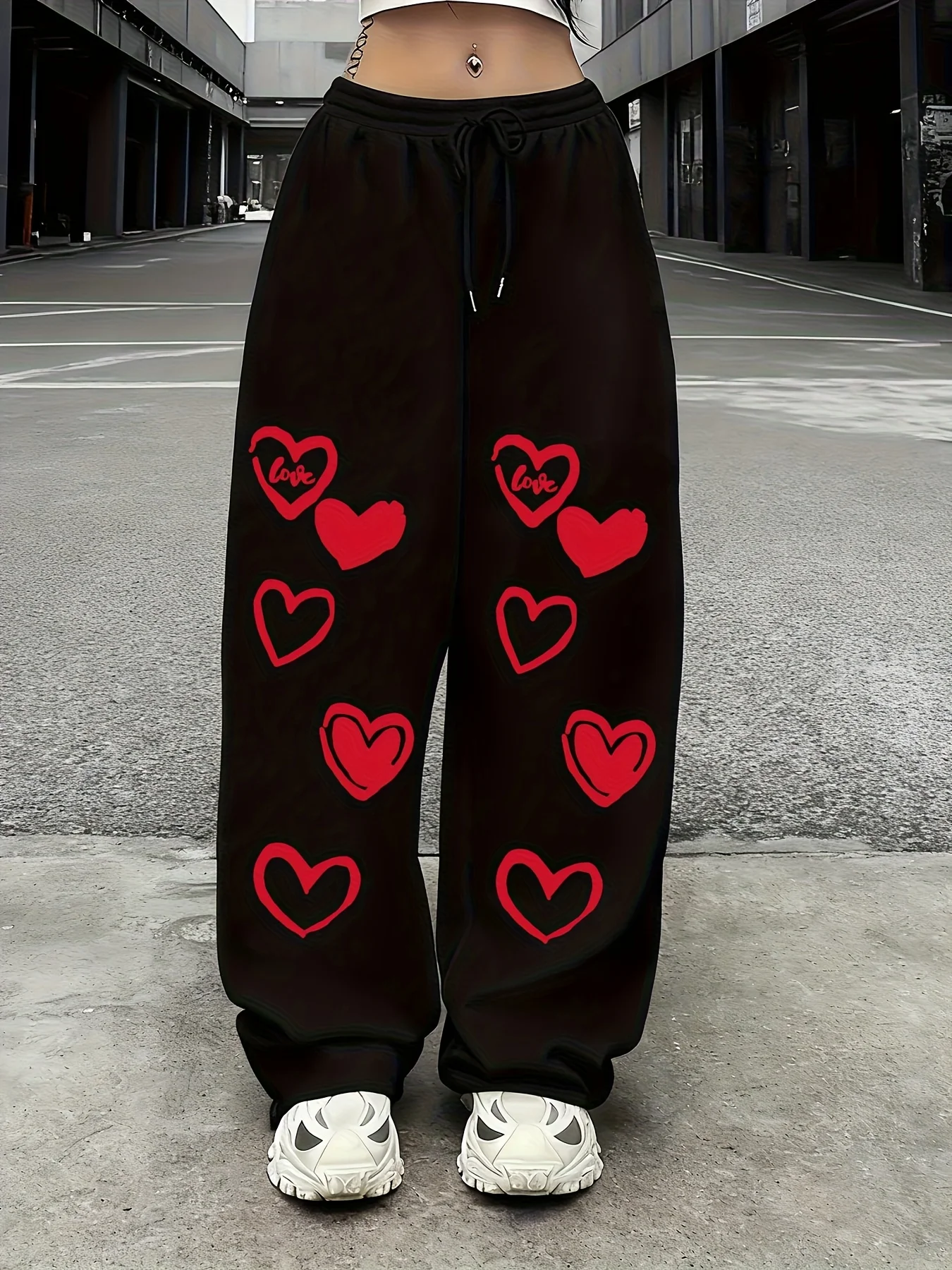Red Heart Print Casual Sports Pants with Drawstring Elastic Waist, American Style Trendy Straight-Leg Trousers for Women