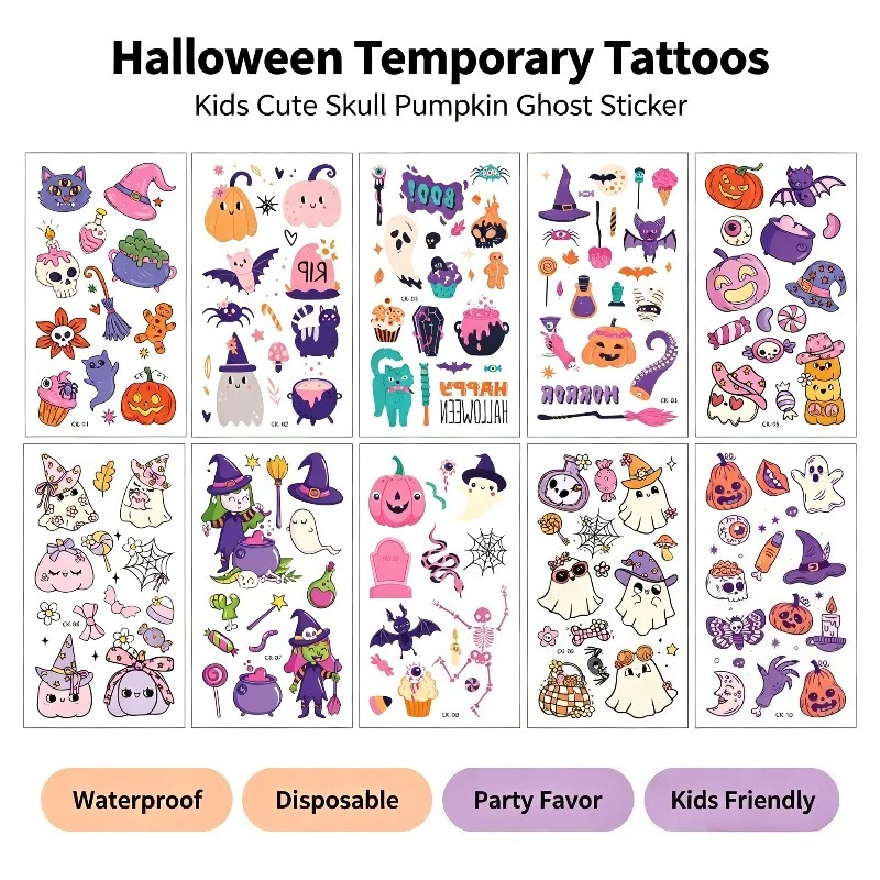 New Cute Halloween Temporary Tattoo Stickers Cartoon Funny Fake Tattoos for Kids Dark Theme Halloween Party Decorations
