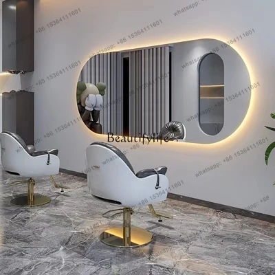 

D30Hair salon special mirror table with lamp wall hanging touch luminous mirror perm dyeing mirror
